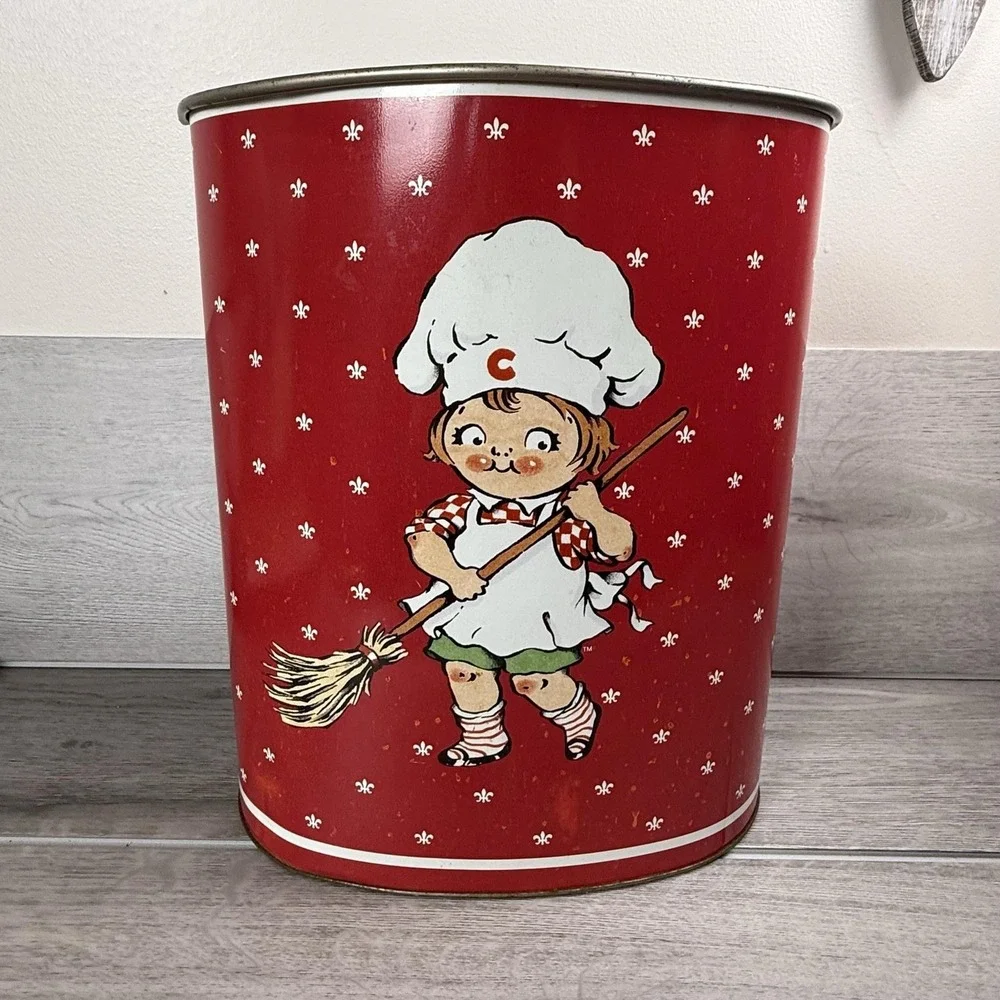 Vintage Campbell Soup Company Campbell Kids Wastebasket Red Metal USA Kitchen